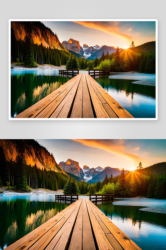 木栈道延伸湖面日落山景-众图网