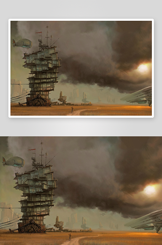 未来废墟中的高塔与飞艇-众图网