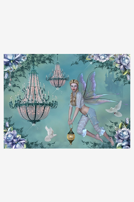 梦幻仙女手持灯笼飞翔于花海-众图网