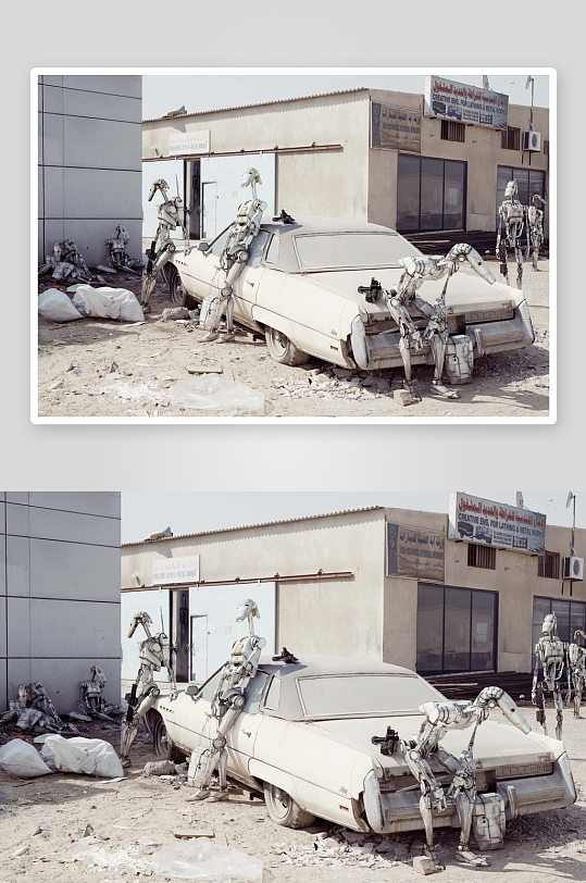 机器人围绕废弃轿车场景-众图网