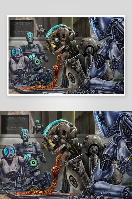 机器人聚餐吃意大利面创意场景-众图网