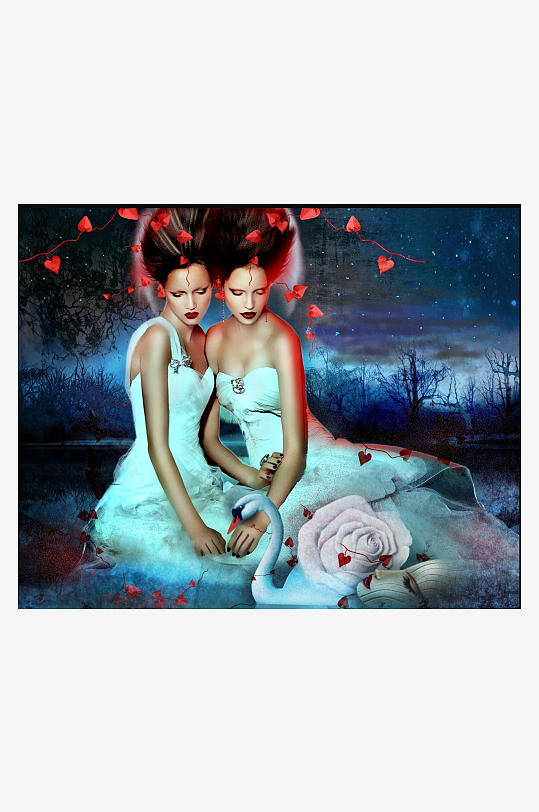 梦幻双姝与天鹅玫瑰夜景-众图网
