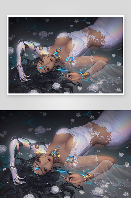 机械美人躺卧花间梦幻场景-众图网