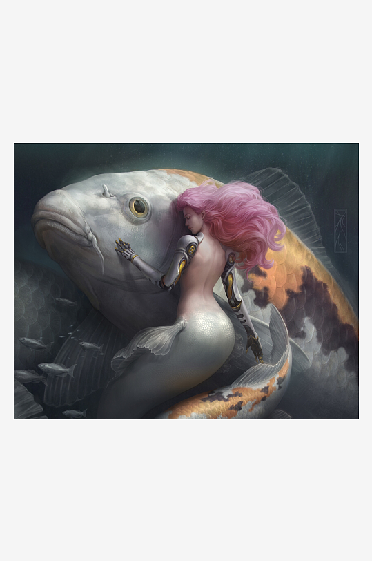机械美人鱼依偎巨鲤奇幻艺术画-众图网