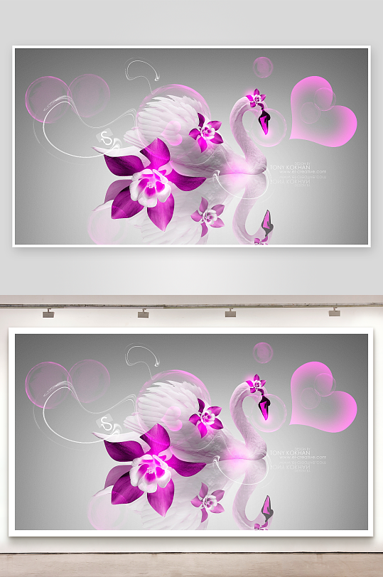 梦幻天鹅与紫花艺术图案-众图网