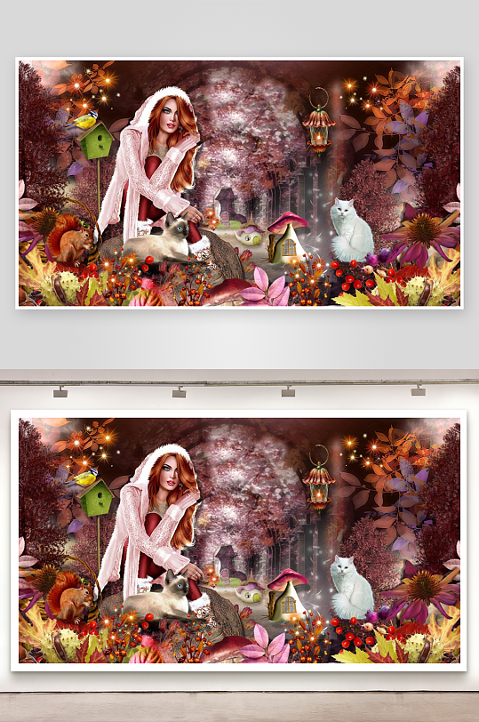 梦幻森林中的女子与动物-众图网