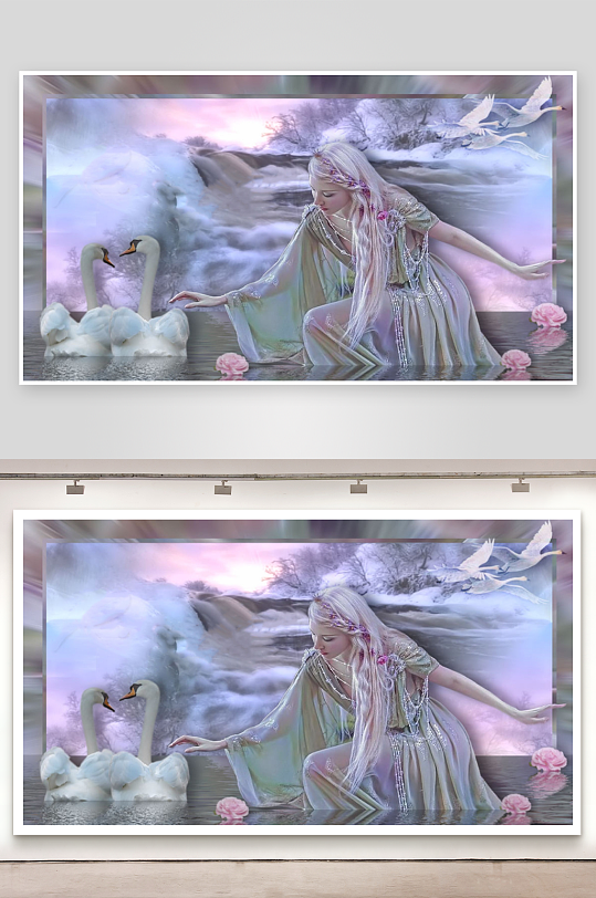梦幻女子与天鹅共舞水畔-众图网