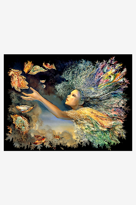 梦幻女子与彩色羽毛艺术画-众图网