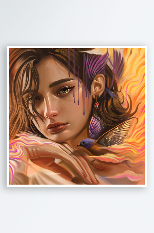 梦幻女子与飞鸟艺术插画-众图网