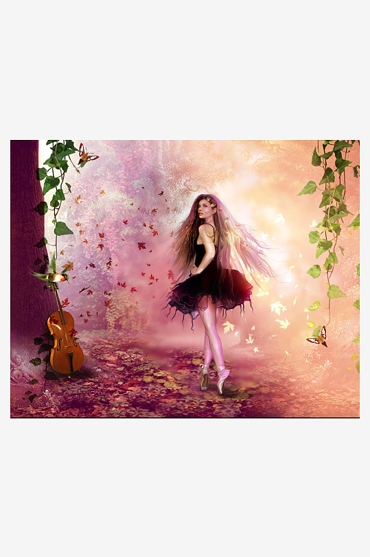 梦幻森林中的芭蕾舞者与小提琴-众图网