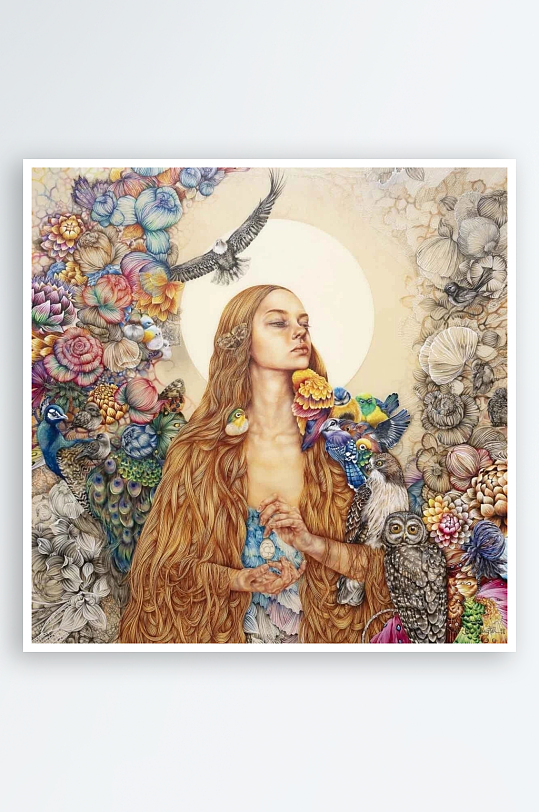 梦幻女子与鸟兽花卉环绕的画作-众图网