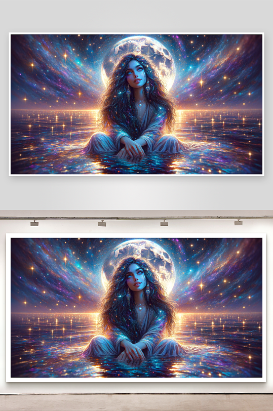 梦幻女子坐水月夜星空-众图网