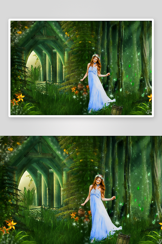 梦幻森林中的蓝裙女子-众图网