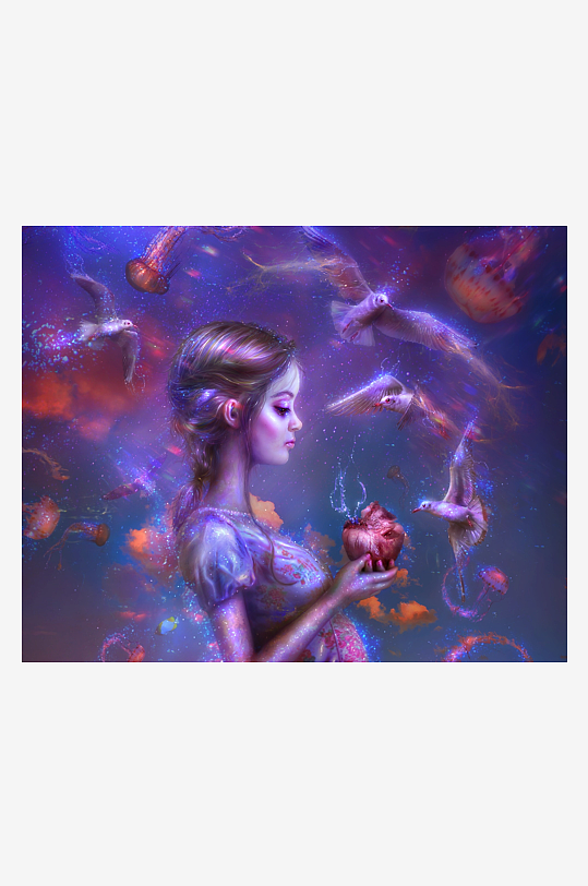 梦幻女子怀抱心脏与飞鸟-众图网