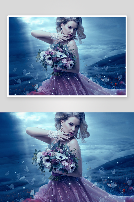 梦幻女子手捧花束与蝴蝶-众图网