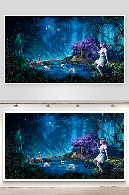 梦幻森林夜景天鹅与女子-众图网