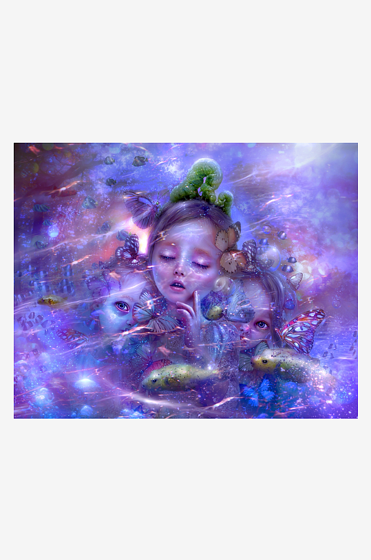 梦幻女孩与蝴蝶鱼共生场景-众图网