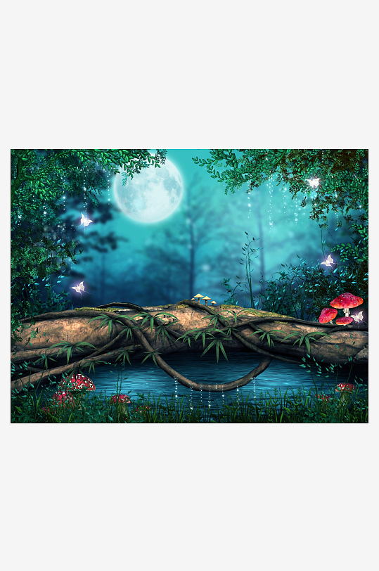 梦幻森林夜景月亮萤火虫-众图网