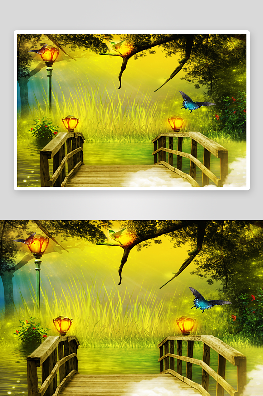 梦幻森林小桥与飞鸟-众图网