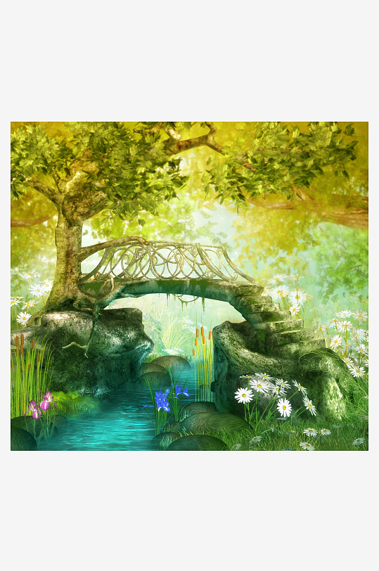 梦幻森林小桥流水花丛-众图网