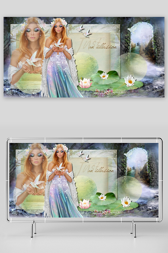 梦幻女神与白鸽水莲图-众图网