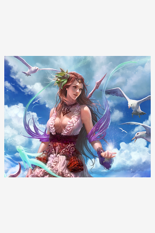 梦幻女神与飞鸟共舞的天空画卷-众图网
