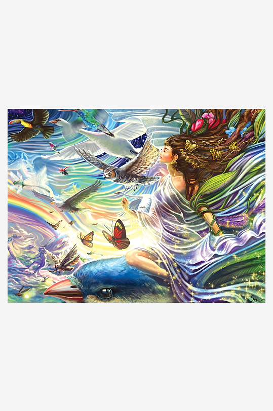 梦幻女神与飞鸟蝴蝶共舞-众图网