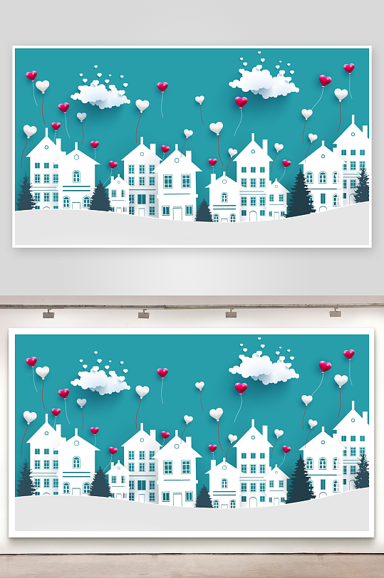 梦幻小镇心形气球飘飞-众图网