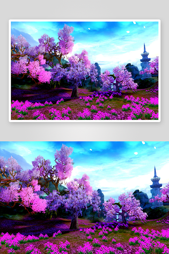 梦幻樱花古塔风景画-众图网