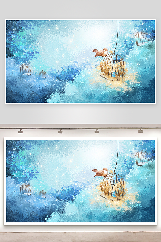 梦幻蓝境鸟笼与飞鸟-众图网