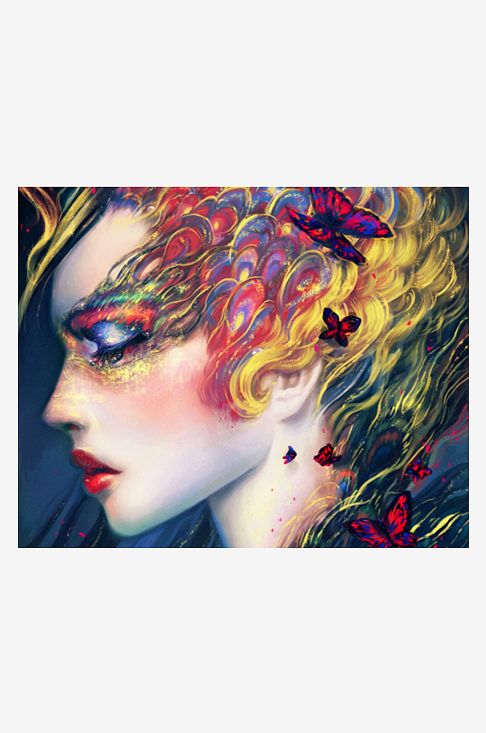 梦幻色彩女性侧脸与蝴蝶飞舞-众图网