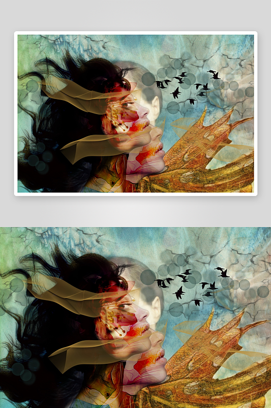 梦幻艺术肖像与飞鸟交织-众图网
