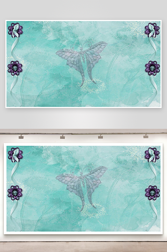 梦幻蓝绿背景中的蝴蝶与花朵装饰-众图网