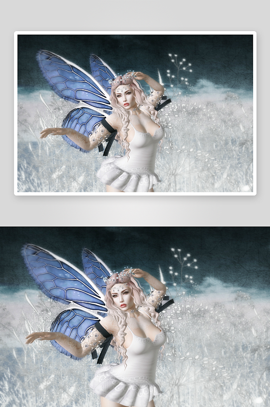 梦幻蓝翼仙子立于银白花海-众图网