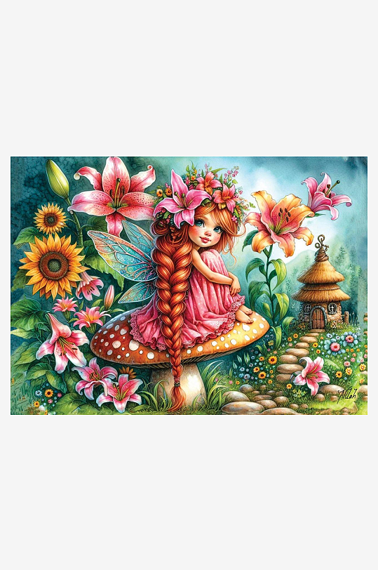 梦幻花丛中的仙女与蘑菇屋-众图网