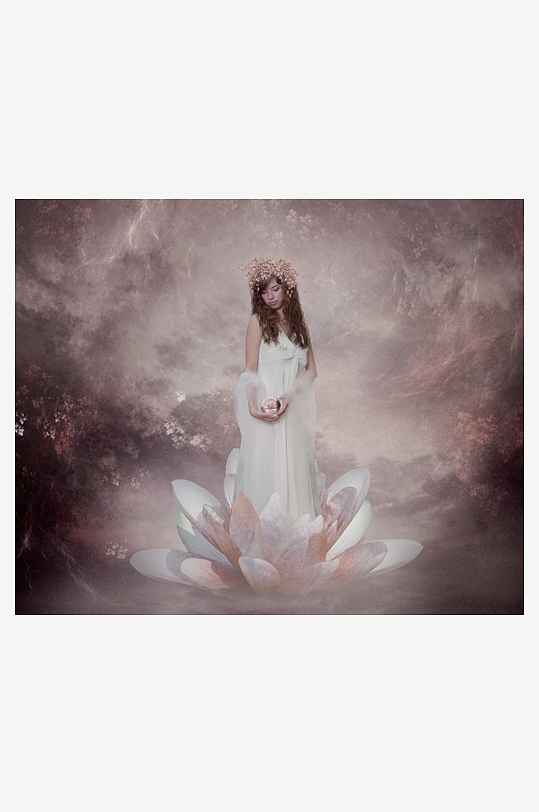 梦幻花中女子手持光球-众图网