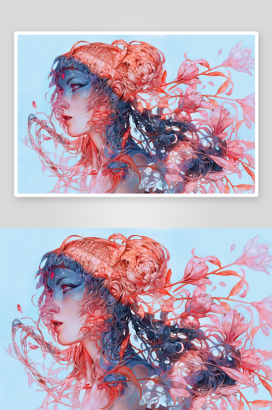 梦幻花卉美人肖像艺术画-众图网
