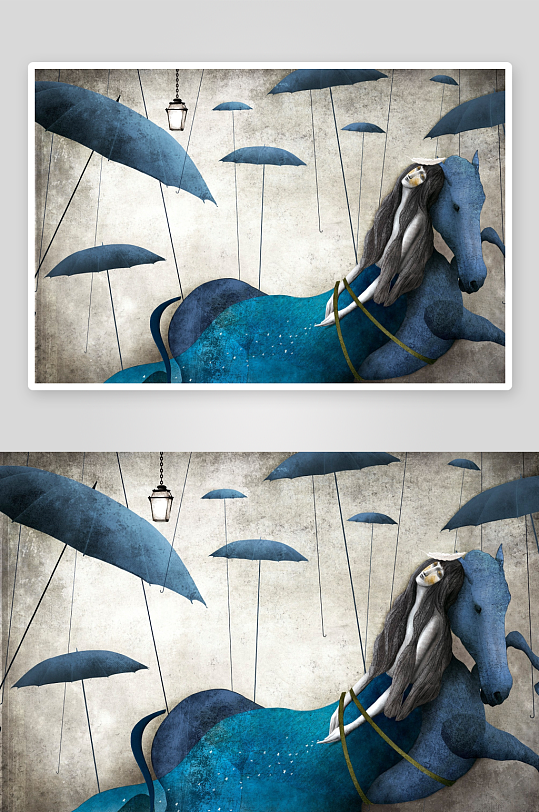 梦幻蓝马与雨伞艺术画-众图网