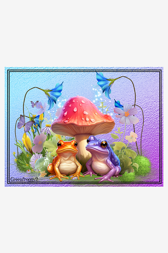 梦幻蘑菇与青蛙的童话场景-众图网