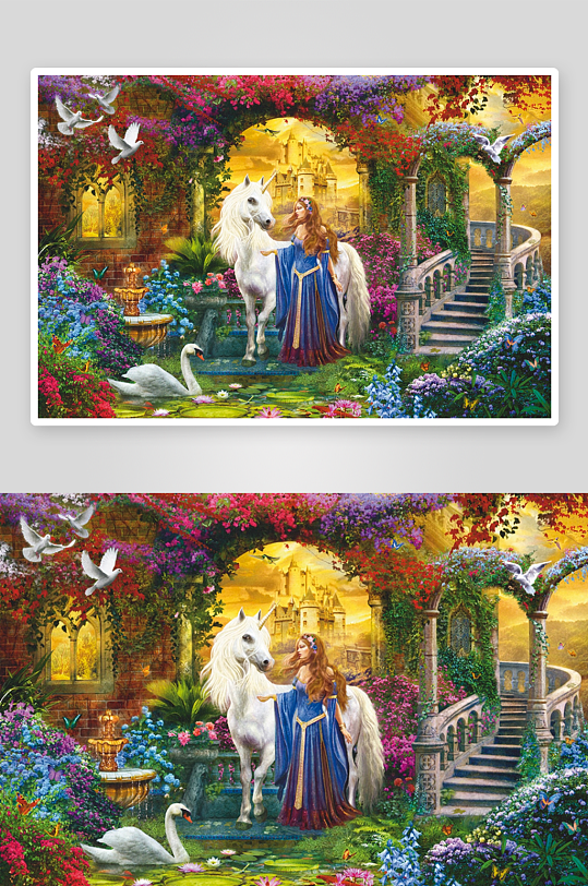 梦幻花园中女子与白马相伴-众图网