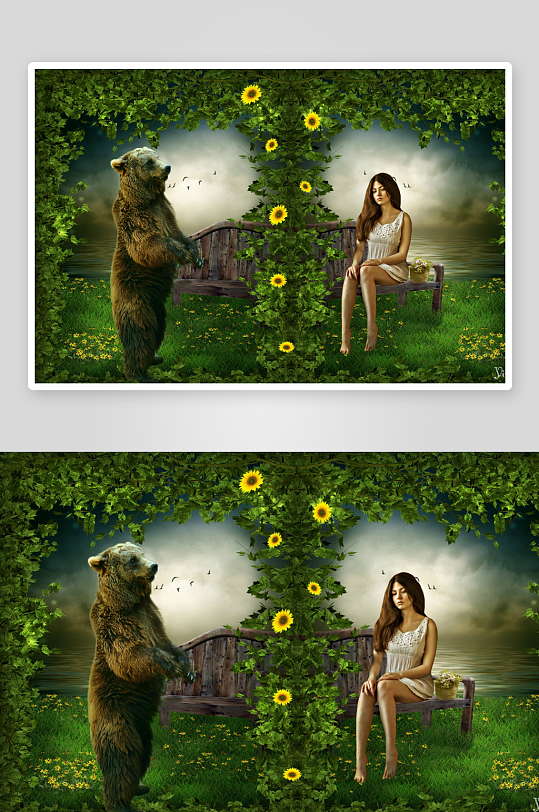 森林中女子与熊的奇幻场景-众图网