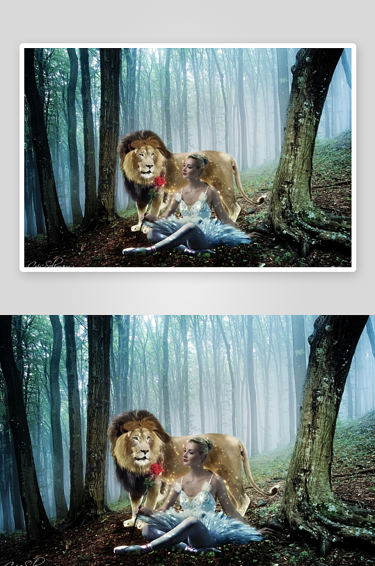 森林中女子与狮子的梦幻场景-众图网