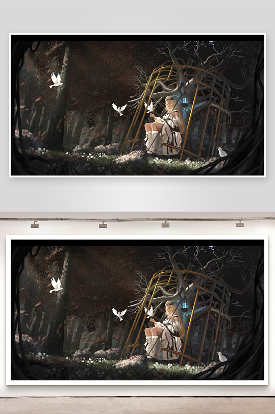 森林中女子与白鸽共处的梦幻场景-众图网