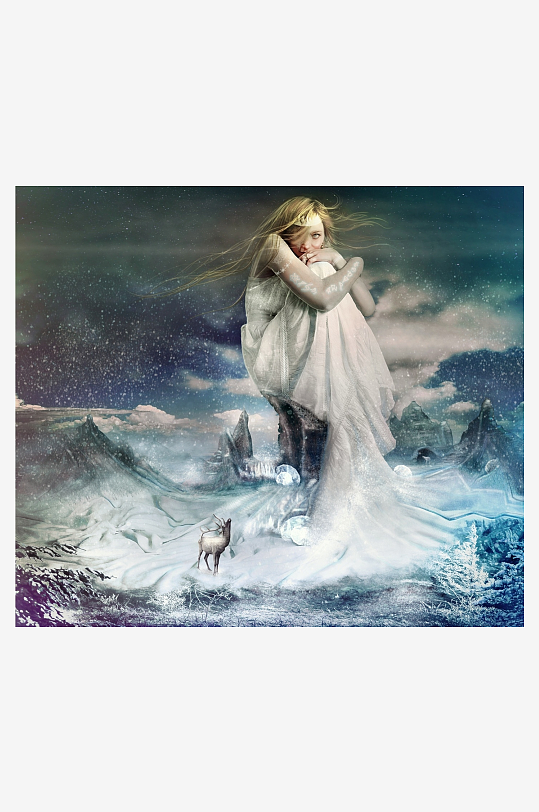 梦幻雪景中女子与鹿-众图网