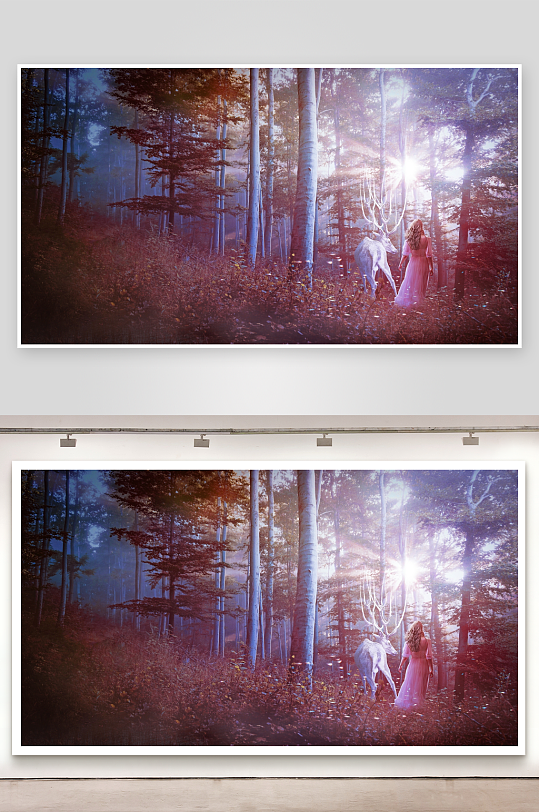 森林中女子与鹿的梦幻场景-众图网