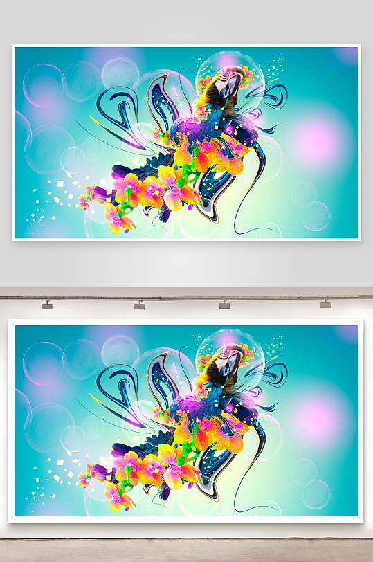 梦幻鹦鹉与花朵艺术插画-众图网