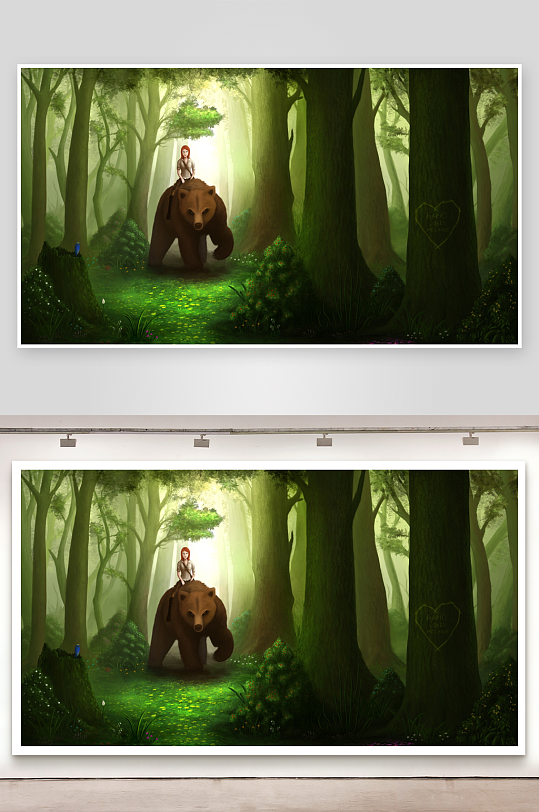 森林中女子骑熊奇幻场景-众图网