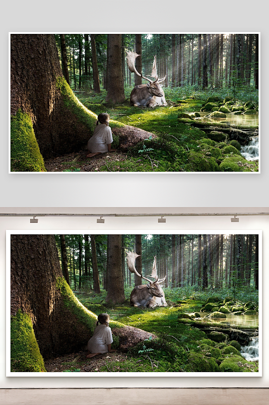 森林中女孩与鹿的静谧对视-众图网
