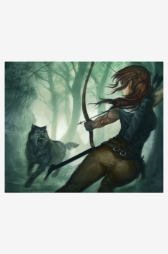 森林中弓箭手对峙咆哮野狼-众图网