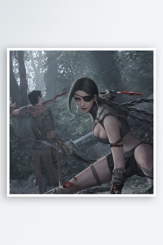 森林中持链女战士与同伴-众图网